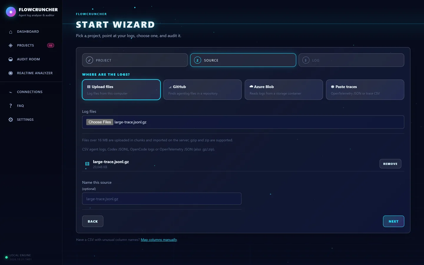 Start wizard on the source step with Upload files, GitHub, Azure Blob and Paste traces options and a 20 MB compressed trace file selected.